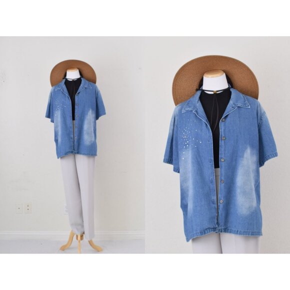 Jane Ashley Woman Tops - Vintage 90s Jane Ashley‎ Blue Button Down Blouse | size 2x